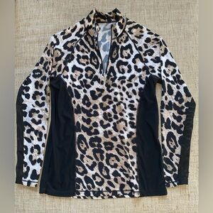 San Soleil Top Size M Womens Brown Long Sleeve Leopard Print 1/4 Zip Mesh Swim